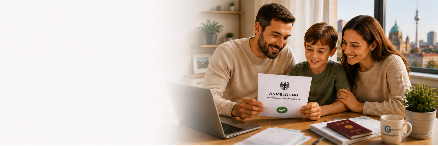 Family reviewing paperwork together at home in Germany